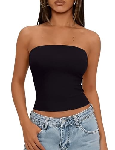 LOMON Going Out Tops for Women Summer Tube Crop Sleeveless Tank Tops Strapless Vacation Basic Slim Fit Outfits (Black, XL)