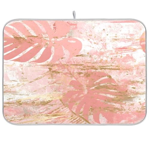 Vintage Marble Dish Drying Mat, Rose Pink Leaf Absorbent Dish Drying Mat for Kitchen, 16" x 18"