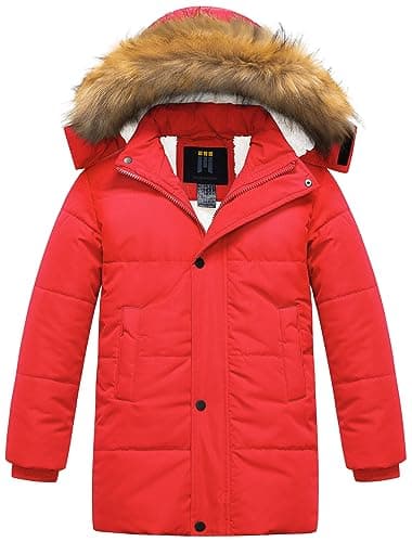 CREATMO US Boys Long Waterproof Winter Coats Sherpa Fleece Puffer Jackets Puffy Active Windbreaker With Detachable Hood Red 10-12