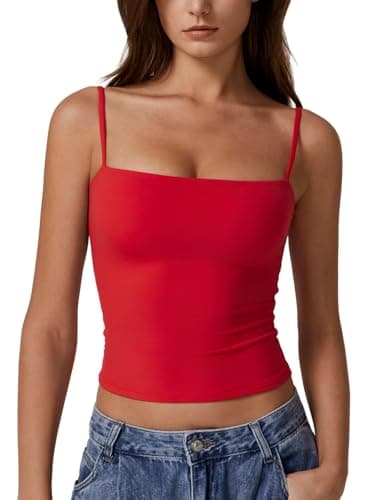 QINSEN Women's Double Lined Basic Tank Top Adjustable Spaghetti Straps Sleeveless Camisole Shirts Red XXS