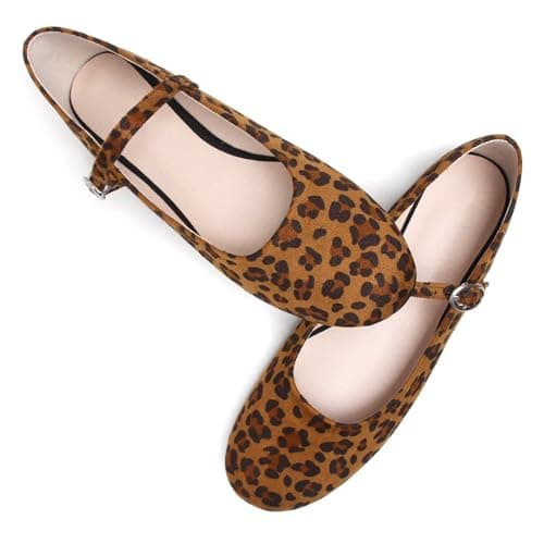 Stunner Women's Mary Jane Flats Retro Round Toe Ballet Flats Comfortable Ankle Strap Dressy Flat Shoes Leopard Brown 42(9.5)