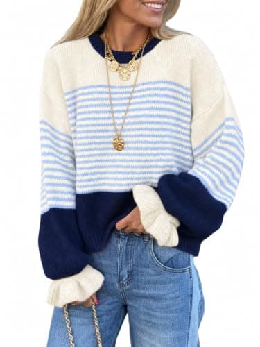 Saodimallsu Womens Striped Ruffle Sleeve Pullover Sweaters 2026 Fall Trendy Slouchy Color Block Preppy Sweater Tops Navy Blue