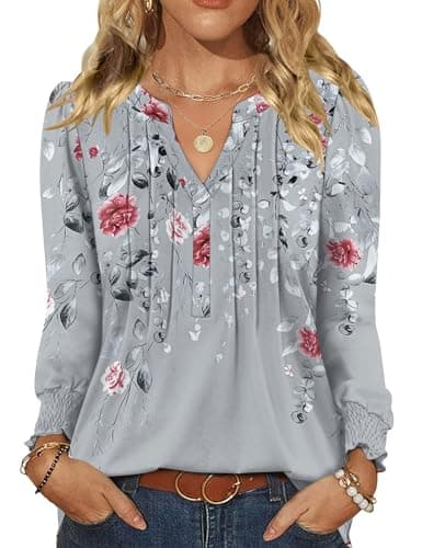 LOMON Business Casua Tops for Women Trendy Basic Long Sleeves for Women Puff Sleeve Floral Top Pleated V Neck Womens Blouses Gray Rose S