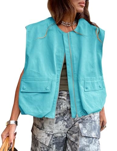 Shebote Womens Casual Zip Up Cargo Vest Top Oversized Lightweight Ruched Hem Sleeveless Blazer Jackets Vest Tops (0369-LakeBlue-M)