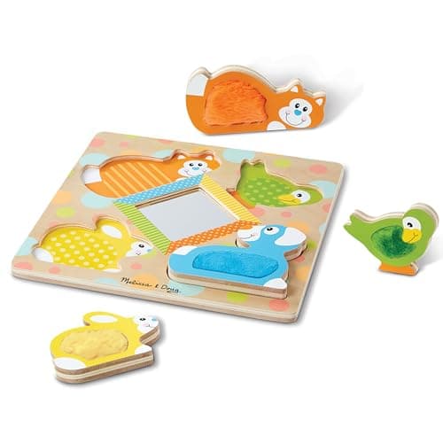Melissa & Doug First Play Peek-a-Boo Pets Wooden Touch and Feel Puzzle with Mirror Mirror Toy for Babies and Toddlers, Sensory Toy Puzzle