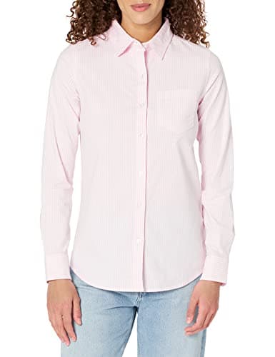 Amazon Essentials Women's Long Sleeve Button Down Stretch Oxford Shirt (Available in Plus Size), Light Pink White Stripe, X-Small