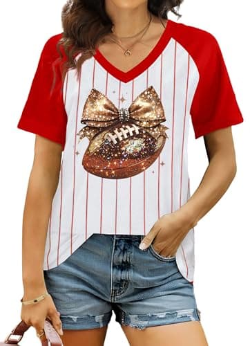 PICKID Football Shirts for Women: Game Day Tshirt Football Season Graphic Tee Sunday Funday Short Sleeve V Neck Top