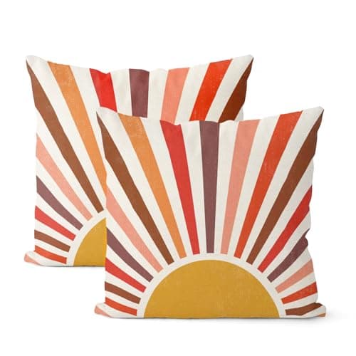 JEFERSO Summer Pillow Covers 18x18 Set of 2 Stripes Red Brown Yellow Sunshine Decorative Throw Pillows Summer Boho Outdoor Rainbow Sun Pillow Cases Cute Farmhouse Decor Cushion Case for Home Bedroom