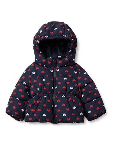 Amazon Essentials X Sofia Grainge Unisex Babies' Water Resistant Hooded Puffer Jacket, Navy Hearts, 4T