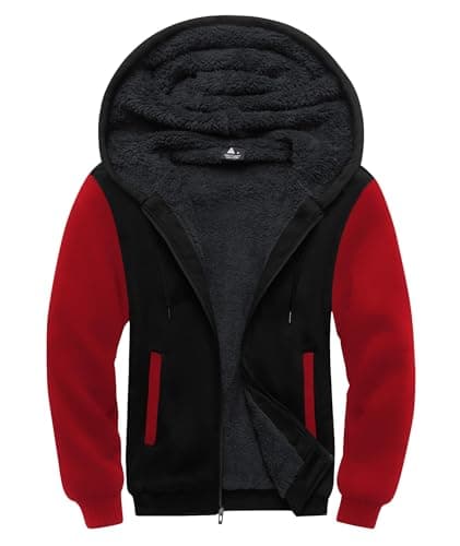 SCODI Hoodies for Men Heavyweight Fleece Sweatshirt - Full Zip Up Thick Sherpa Lined Hooded Jacket Black red XL