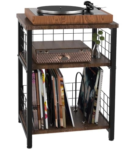Tuohours Vinyl Record Player Stand 3 Tier End Table with Double Layer Black