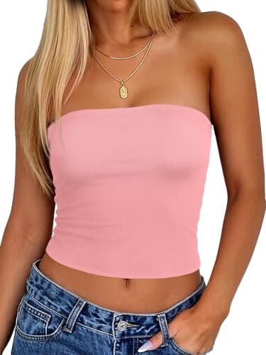 Tube Tops for Women Summer Outfits Strapless Shirt Bandeau Basic Crop Top Y2k Going Out(Pink,M)
