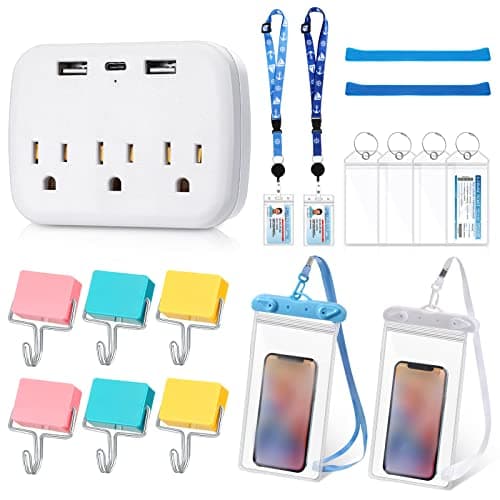 Glenmal 17 Pcs Cruise Essentials Kit 2026, 1 Power Strip 2 Luggage Tag 4 Lanyard 6 Magnetic Hook 2 Phone Pouch 2 Towel Band(White, Blue)