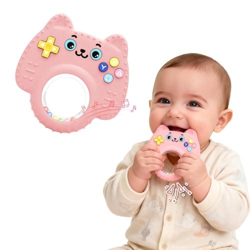 Silicone Baby Teething Toys for 0-6-12 Months, Kitten Remote Rattle Teether for Infant Gum Relief, No BPA Chew Toy for Infant 0-3-6-9-12, Easy-Grip Ring Gift for Travel & Bath