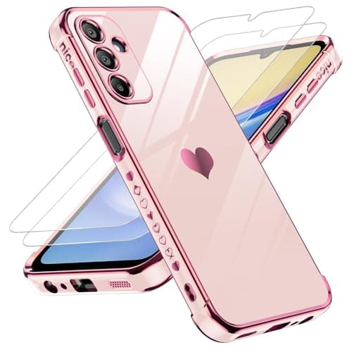 LeYi for Galaxy A15-5G Phone Case: with Tempered Glass Screen Protector [2 Pcs]+ Full Camera Lens Protection, Love Heart Plating Girly Women Luxury Shockproof Android A 15, Pink