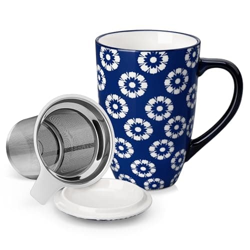 vancasso SELENE Porcelain Tea Mug, 18 oz Porcelain Tea Cup with Infuser and Lid Steeps Loose Leaf Tea, Microwave & Dishwasher Safe, Daisy Cluster