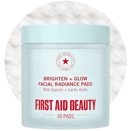First Aid Beauty - Facial Radiance Pads with Glycolic & Lactic Acids, Daily Exfoliating Pads with AHA, Visibly Smaller Pores, Help Tone & Brighten Skin, One-Step Makeup Prep, Compostable, 60ct