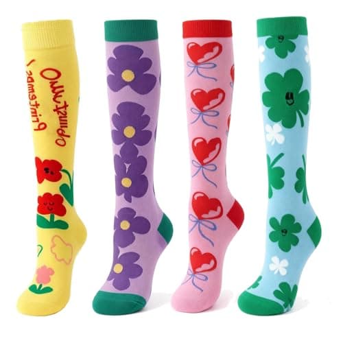 Knee High Socks for Girls 4 Pairs Colorful Flower Cartoon Long Socks