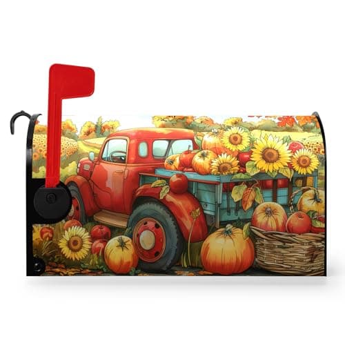 Dacawin Fall Pumpkins Sunflower Mailbox Covers Magnetic Standard Size 21 X 18 Inch Autumn Red Truck Harvest Mailbox Wraps Cover Thanksgiving Letterbox Cover for Garden Yard Outdoor Decor
