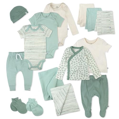 HonestBaby 15-Piece Welcome Home Gift Set Organic Cotton for Newborn Infant Baby Boys, Girls, Unisex, Sage/White, Newborn