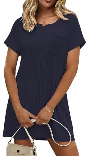Ekouaer Nightgowns for Women Short Sleeve Sleep Dress Ribbed Viscose with Chest Pocket Soft Sleepwear Navy Blue