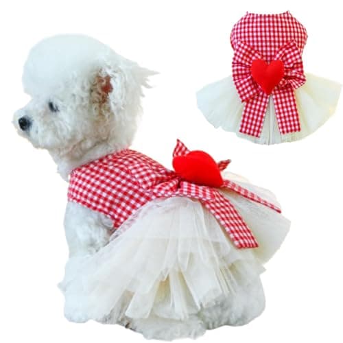 Anelekor Plaid Small Dog Dress with Leash Ring Valentines Cat Outfit Dog Tutu Princess Holiday Puppy Clothes with Bow Knot and Heart Pet Apparel for Kitten Chihuahua Yorkie (Red, Small)