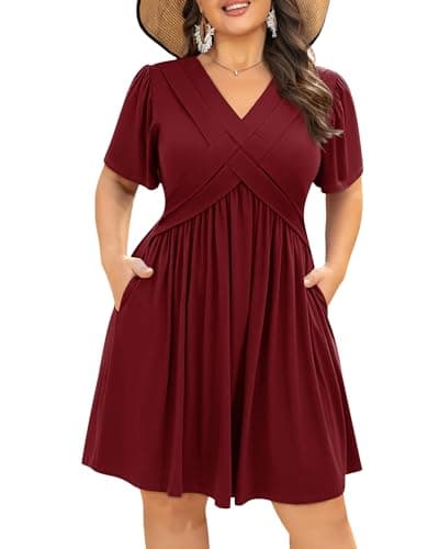 AMCLOS Womens Plus Size Dress V-Neck Elegant Cable Twist Crossover Flowy with 2 Pockets Short Sleeve Casual Church Midi Summer Dresses(Wine Red,3XL)