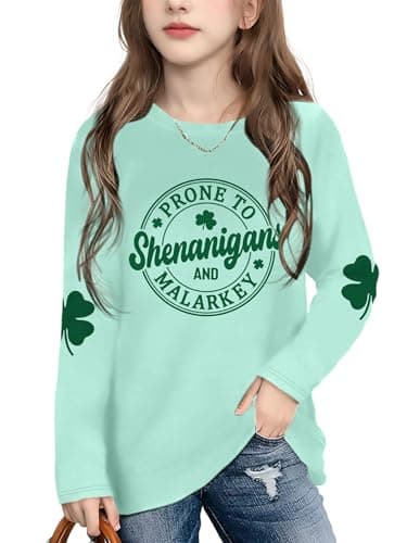 Ithalt Kids St. Patrick's Day Shirts Girl Shamrock Graphic Shirts St Patty's Lucky T-Shirt Irish Long Sleeve Tops 5-14y(ACyan,120)