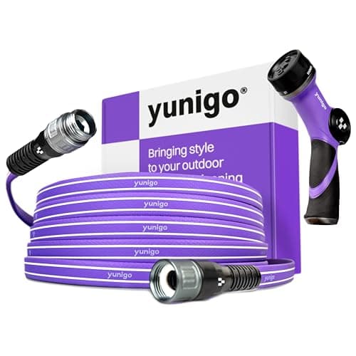 YUNIGO SERENITY 50ft Flat-to-Round Purple Garden Hose – Lightweight, No-Kink, Abrasion-Resistant TPV Hose with Durable Aluminum Couplings, Spray Nozzle & Hose Mender, Ideal for Home & Garden Watering