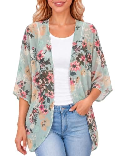 Chunoy Women Floral Kimono Cardigan Lightweight Chiffon Beach Cover Up