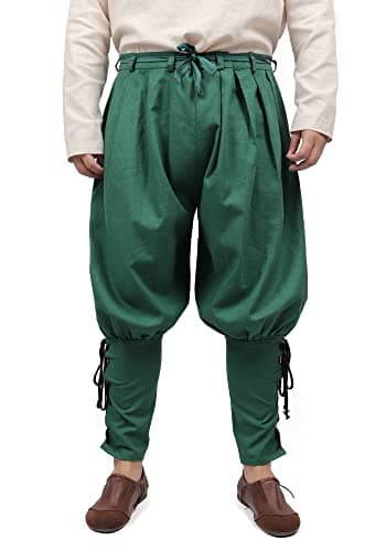 PROCOS Medieval Retro Ankle Banded Pants for Men Linen Renaissance Pirate Navigator Trousers Lace Up Bottoms (Green, Small)