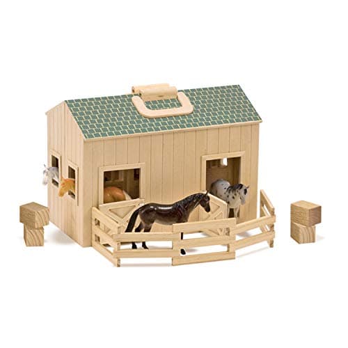 Melissa & Doug Fold and Go Wooden Horse Stable Dollhouse with Handle and Toy Horses (11 pcs)