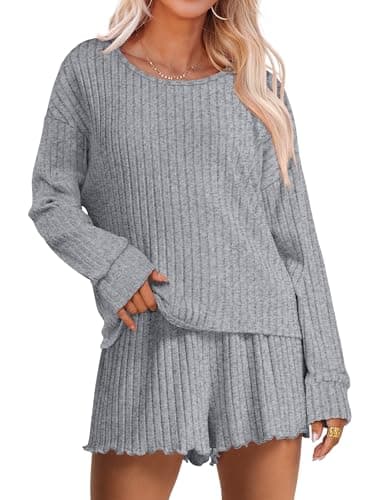 ANRABESS Women's 2 Piece Lounge Pajama Sets Casual Ribbed Long Sleeve Top Matching Shorts Sleepwear PJ Set 2026 Fall Outfits Grey