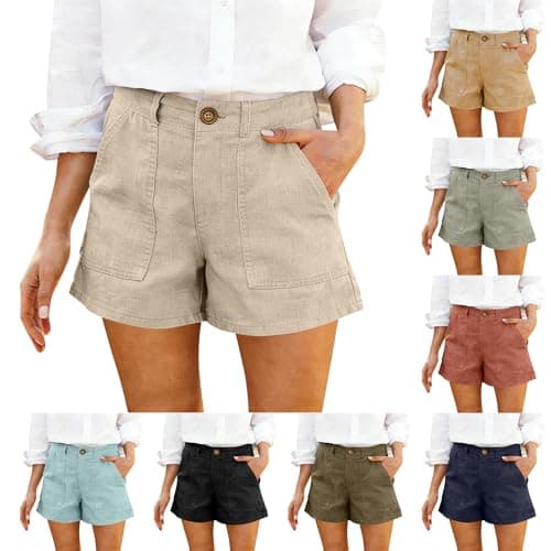 Womens Linen Shorts High Waisted Bermuda Shorts with Pockets Trendy Casual Summer Button Chino Short Boho Beach Flowy Lounge Short Work Dress Pants Trousers Pants Vacation Outfits