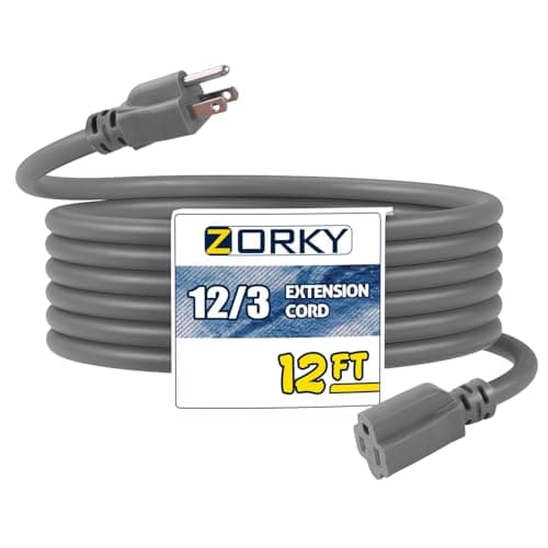 Zorky 12 ft Outdoor Extension Cord Waterproof, 12/3 Heavy Duty Extension Cable with 3 Prong Grounded Plug for Safety, 12AWG 15Amp 1875W Great for Garden, Major Appliances, Grey