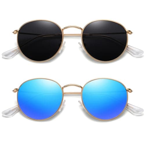 MEETSUN Small Round Polarized Sunglasses for Women Men Classic Retro Metal Frame Sun Glasses UV400 Gold Blue Mirrored Grey
