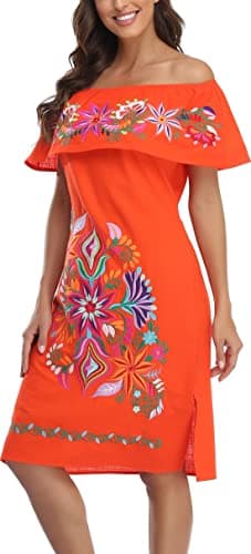 YZXDORWJ Women Mexican Embroidered Dress Ruffle Collar Sleeveless (S, 623OR)