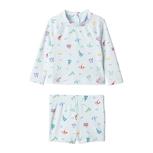 Amazon Essentials Unisex Babies x Sofia Grainge Baby Boys and Toddlers Long Sleeve Rashguard and Shorts Set, Pale Blue Beach, 18 Months