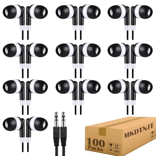 MKDTNJT Bulk Earbuds Headphones 100 Pack for Kids School Classroom,Black Dot in-Ear Earphones,Student Wired Headsets with 3.5 mm Jack for Computer Chromebook Laptop PC(HTC101)