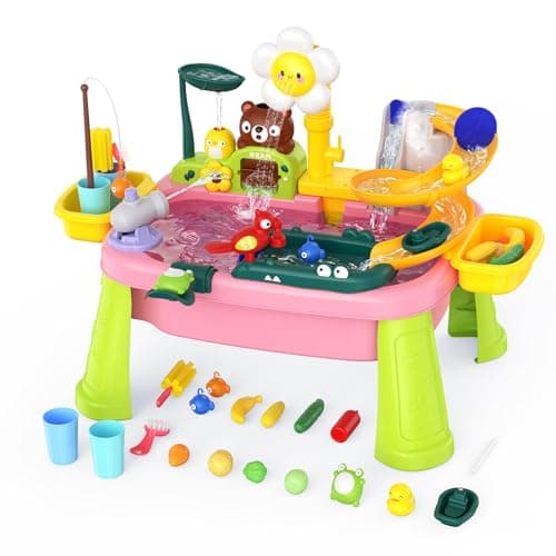 Water Table for Toddlers 1-3, Outdoor Toys for Kids Ages 4-8 with Pump, Kitchen Play Sink with Running Water, Fishing Toys Playset, Summer Outside Sand Water Sensory Activity Pool Toys Gifts, Pink