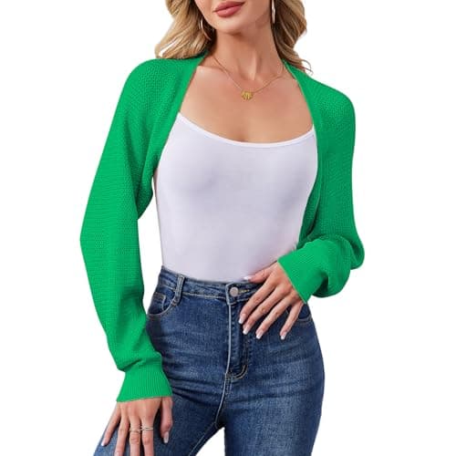 QIANSIQIANBO Women's Bolero Shrug Sweater Cropped Cardigan Long Sleeve Open Front Casual Arm Knit Shrugs Sweaters for Dresses (M) Green