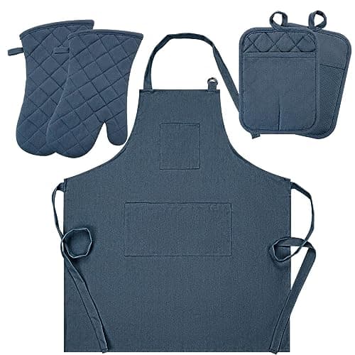 Oven Mitts and Pot Holders with Cooking Apron Set of 5, Heat Resistant Kitchen Gloves and Silicone Non-Slip Potholders, Adjustable Neck Buckle Chef Apron, Cotton Nice Design for Cooking （Navy…
