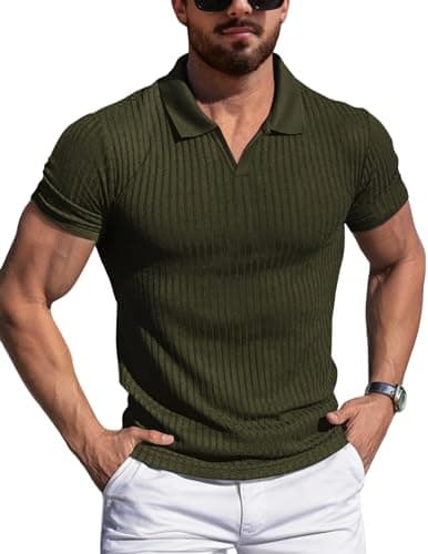 YTD Mens Slim Fit Muscle Polo Shirt Short Sleeve Ribbed Knit Tees Stretch Workout Casual T Shirt XXL Army Green