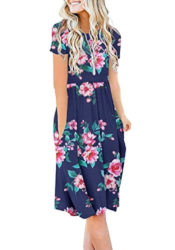 DB MOON Women Summer Casual Dresses Empire Waist Dress Flower Navy Blue S