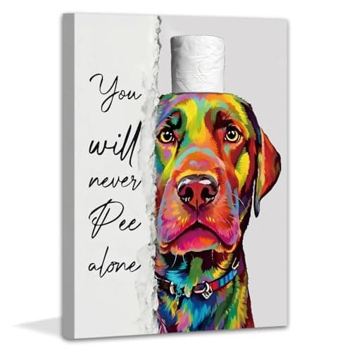 Framed Dog Bathroom Wall Art Decor,Funny Animal Art Canvas Print,Colorfur Restroom Paintings,You Will Never Pee Alone Funny Bathroom Wall Art Decorations,12x16 Inch