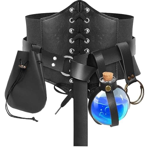 SUMGOGO 5PCS Corset Renaissance Belt Medieval Renaissance Belt Pouch Cork Potion Bottle Hikes Festival Halloween Costume Accessories (Black, S-Waist/25.6"-34")