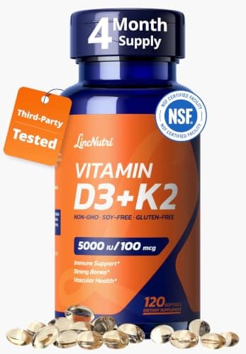 LincNutri Vitamin D3 K2 5,000IU MK7 100mcg, 120 Softgels, 3rd Party Tested