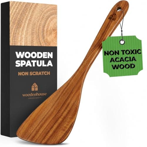 Wooden Spatula for Cooking, 12 Inch - Easy to Clean, Long-Lasting & Sturdy Natural Acacia Wood Spatula for Cooking - Wooden Spatulas with Comfortable Handle, Perfect for Flipping, Turning & Frying