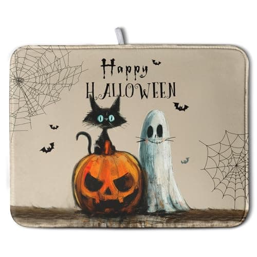 Happy Halloween Dish Drying Mat for Dishs 18x24 Inch Halloween Pumpkin Ghost Black Cat Kitchen Drying Mat Spooky Spiderweb Holiday Dish Drainer Mat Super Absorbent Dish Rack Pad for Coffee Bar Sinks