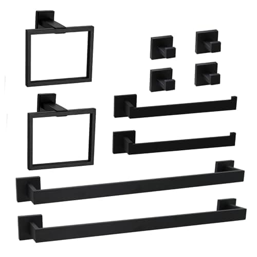 10-Piece Bathroom Hardware Accessories Set, Towel Bar Sets Include Towel Bar Towel Holder Toilet Paper Holder Towel Hook,16 inch Bath Accessories Kit，Matte Black,2 Pack